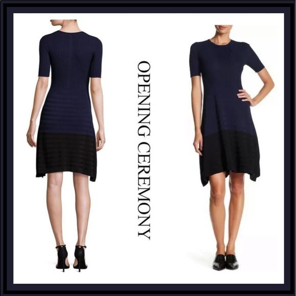 Opening Ceremony NWOT Blue/Black Delta Linear Handkerchief Sweater Dress Sz XS - Picture 1 of 15